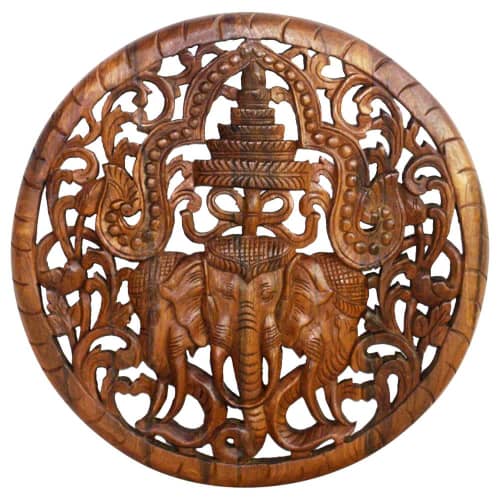 Haussmann® Teak Lotus Panel 3 Elephant Round 60 cm | Engraving in Art & Wall Decor by Haussmann®