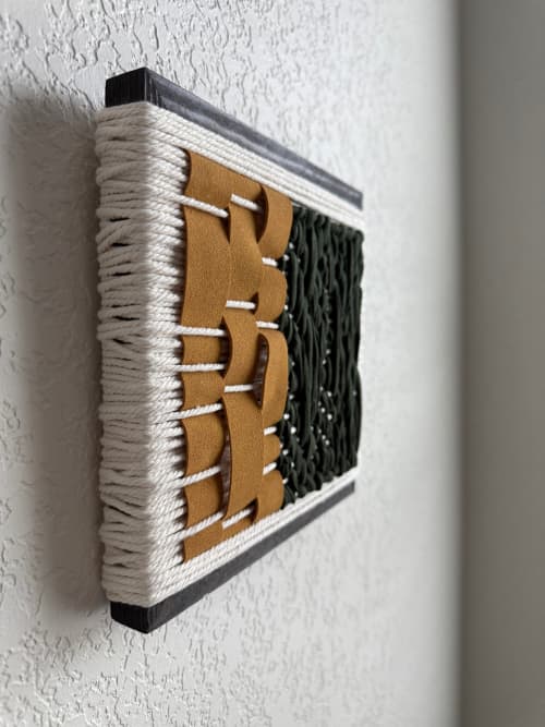 Woven Tile- Mustard Suede and Green | Wall Sculpture in Wall Hangings by Mpwovenn Fiber Art by Mindy Pantuso
