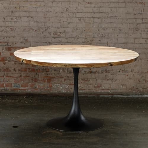 Round Pedestal Base Dining Table | Solid Wood Top Cast Iron | Tables by Alabama Sawyer. Item composed of oak wood & metal