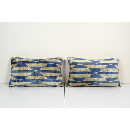 Pale blue Uzbek Ikat Velvet Pillowcase - Hand loomed Silk | Sham in Linens & Bedding by Vintage Pillows Store. Item composed of cotton & fiber