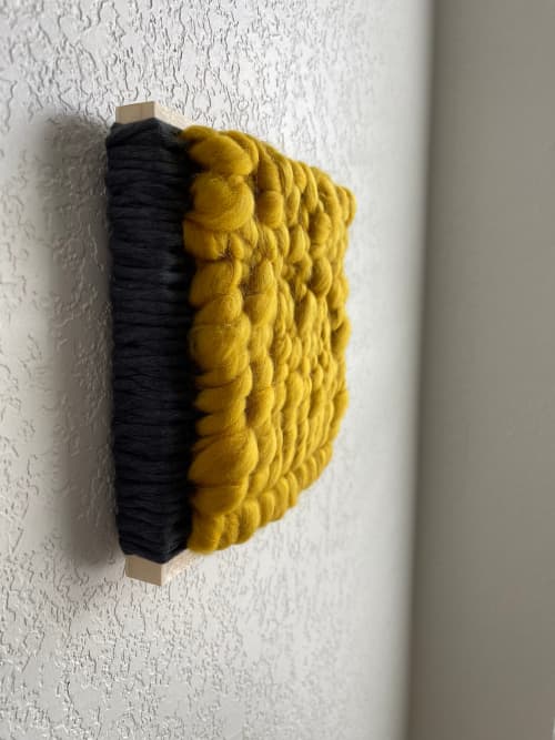 Woven Tile- Fluff-Mustard and Grey | Wall Sculpture in Wall Hangings by Mpwovenn Fiber Art by Mindy Pantuso