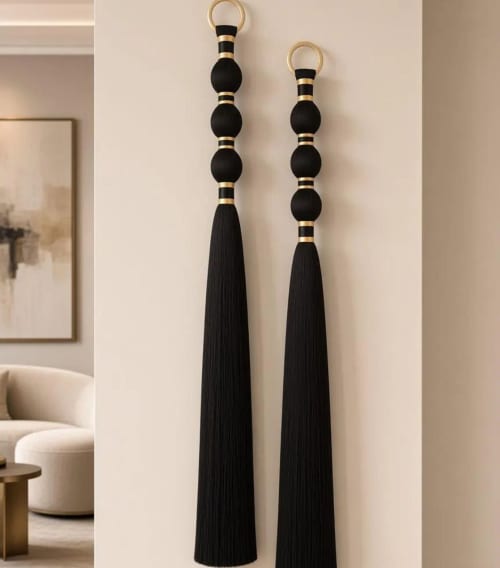 Black Gold Macrame Wall Hanging, Extra Long Tassel Wall Tapestry, Modern Fiber Art | Wall Hangings by İnanç Yılmaz