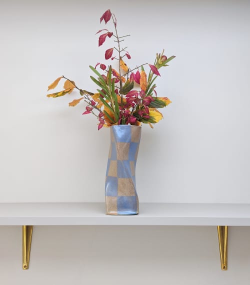 Baby Blue Check Twist Vase | Vases & Vessels by Rosie Gore. Item composed of ceramic