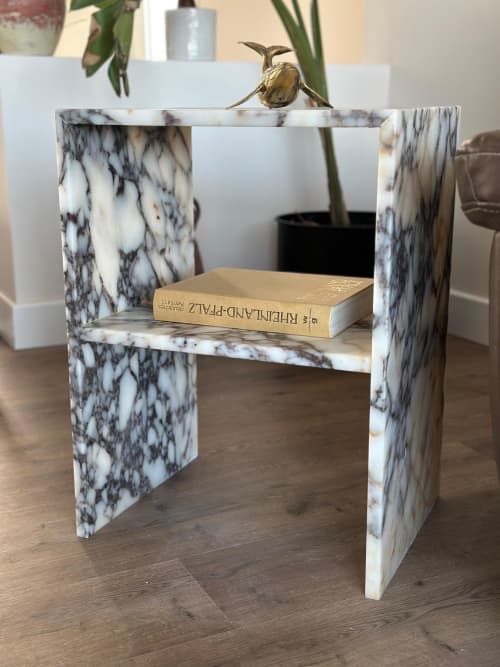 Handmade Calacatta Viola Marble Nightstand: Natural Stone Side Table | Tables by AEGEAN MARBLE ARTISAN ATELIER