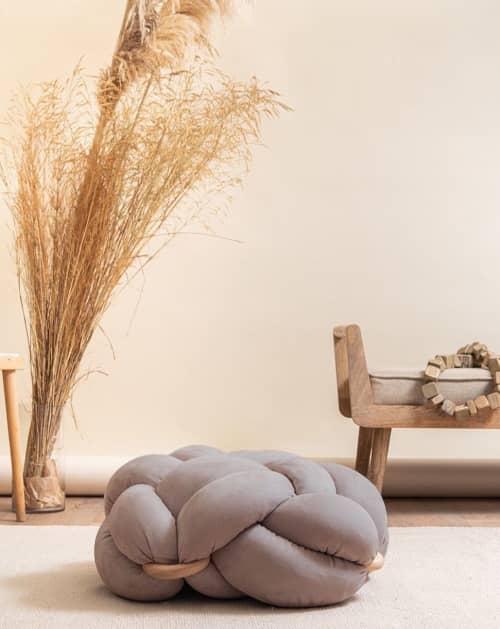 (M) Arora Grey Vegan Suede Knot Floor Cushion | Pouf in Pillows by Knots Studio. Item composed of wood & fabric