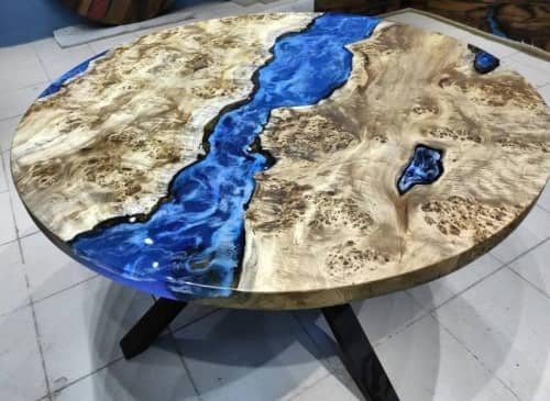 Live Edge Round Epoxy Table, Ocean Resin River Dining Table | Tables by LuxuryEpoxyFurniture. Item made of wood with synthetic