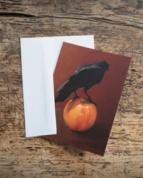 Black Crow Apple Greeting Card – Wildlife Art (5"x7") | Gift Cards by The Ugly Cat Studio