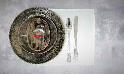Shades Greenish-Gray Texture In Black Ceramic Plates Set | Dinnerware by YomYomceramic. Item made of ceramic