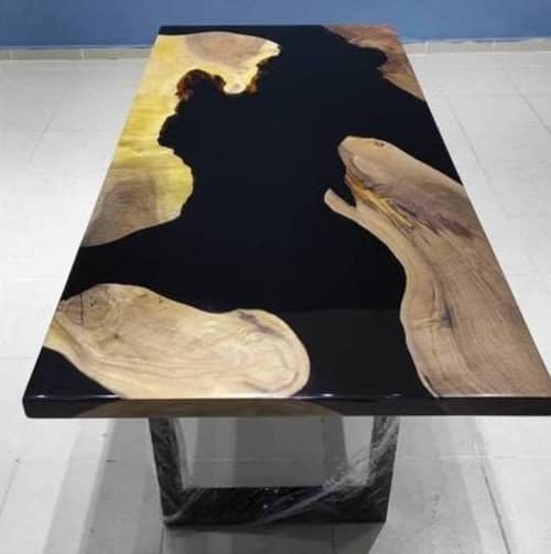 Walnut Black Epoxy Resin Dining Table Living Room Set by