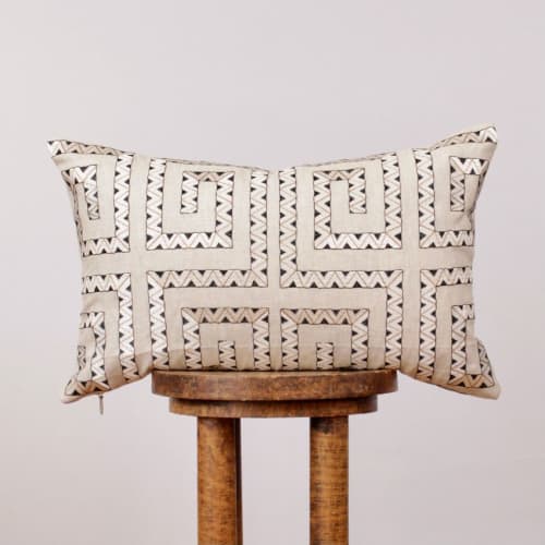 Greek Key Embroidered in Black & Gold on Cream Lumbar Pillow | Pillows by Vantage Design