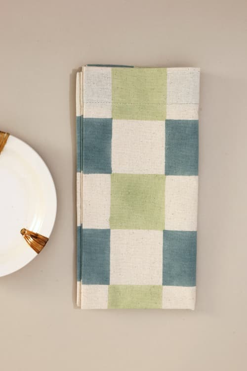 Sage Grid Block Print Napkins, Set of 4 | Linens & Bedding by Ninéh