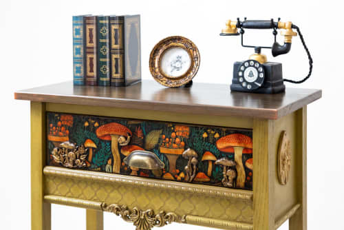 Handcrafted Tall Green Console Table with Drawer – Amanita Mushroom & Forest Motif Entryway Table | Tables by Birds and Gardens Inc