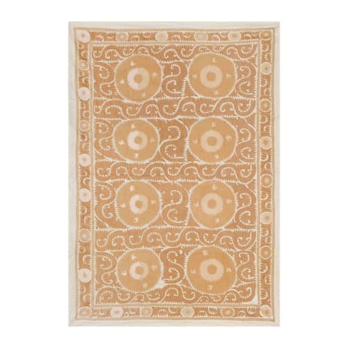Suzani Tan Pastel Tapestry - Neutral Uzbek Wall Hanging or B | Tablecloth in Linens & Bedding by Vintage Pillows Store