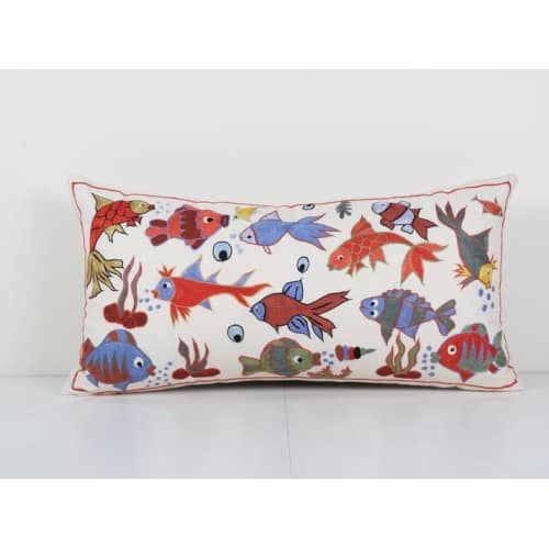 Vintage Oversize Suzani Pillow Cover, Animal Fish Pictorial | Cushion in Pillows by Vintage Pillows Store