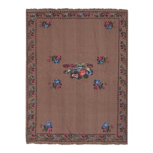 Vintage Aubusson Floral Turkish Kilim Rug 4' X 5'1'' | Area Rug in Rugs by Vintage Pillows Store. Item made of cotton