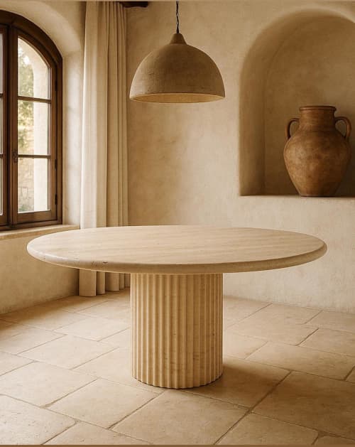 Custom Travertine Dining Table: Fluted Rounded Base, Fully Customizable | Tables by AEGEAN MARBLE ARTISAN ATELIER