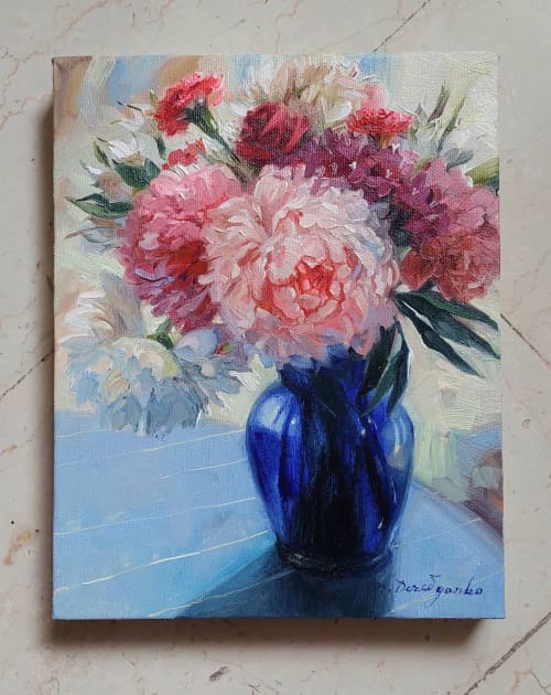 Flowers in blue vase oil painting original, Canvas floral | Oil And Acrylic Painting in Paintings by Natart. Item made of canvas & synthetic compatible with contemporary style
