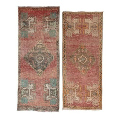 Distressed Turkish Small Rug - Set of Two 1'6" X 3'7" | Area Rug in Rugs by Vintage Pillows Store. Item made of cotton & fiber