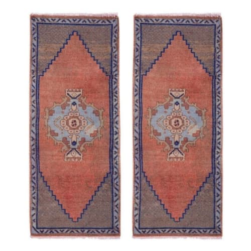 Distressed Small Turkish Rug - Set of Two Kitchen Carpet | Runner Rug in Rugs by Vintage Pillows Store. Item composed of cotton and fiber
