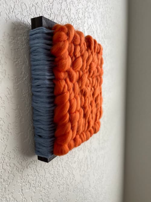 Woven Tile- Fluff- Orange and Blue | Wall Sculpture in Wall Hangings by Mpwovenn Fiber Art by Mindy Pantuso