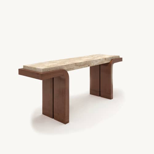 Basso Genuine Travertine Top Console Table 16"x 59" | Tables by Holzsch