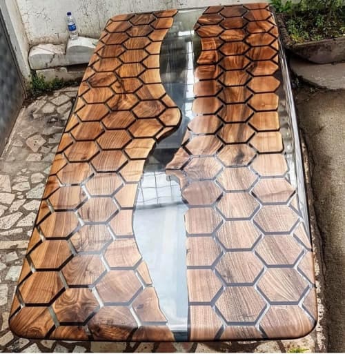 Luxury Custom Order Clear Epoxy Resin Hexagon Honeycomb | Dining Table in Tables by LuxuryEpoxyFurniture. Item composed of wood and synthetic