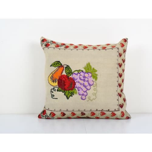 Vintage Handwoven Floral Pattern Square Kilim Pillow, Grape | Cushion in Pillows by Vintage Pillows Store