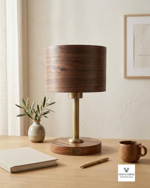 Handcrafted Walnut Wood Table Lamp, Geometric Marquetry, Brass Accent, Warm Lighting, bedside | Lamps by Vesta Corte. Item composed of walnut compatible with mid century modern and modern style