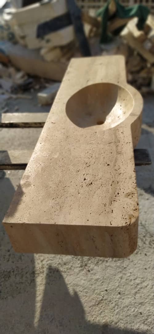Hand Carved Travertine Sink: Wall Mount Farmhouse Washbasin (67"x20"x5.5") | Water Fixtures by AEGEAN MARBLE ARTISAN ATELIER