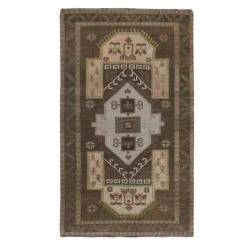 Vintage Brown Turkish Kars Rug with Mid-Century Modern Style | Runner Rug in Rugs by Vintage Pillows Store. Item made of cotton & fiber