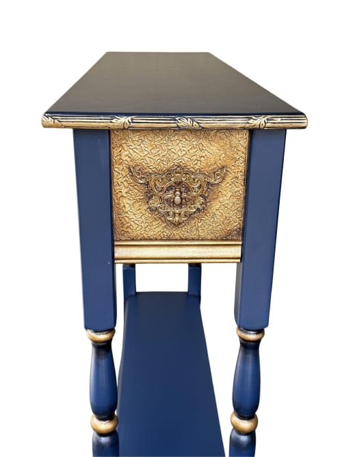 Handcrafted Solid Wood Console Table | Blue Floral Textile Inlay, Gilded Bees, Arts & Crafts Style | Tables by Birds and Gardens Inc. Item made of wood works with boho & mid century modern style