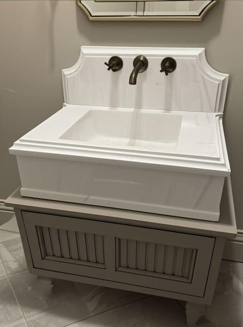 Modern-Minimalist Carrara Marble Sink with Backsplash: Timeless Elegance and Radiance for Your Bathroom | Water Fixtures by AYMARBLEDESIGN LLC