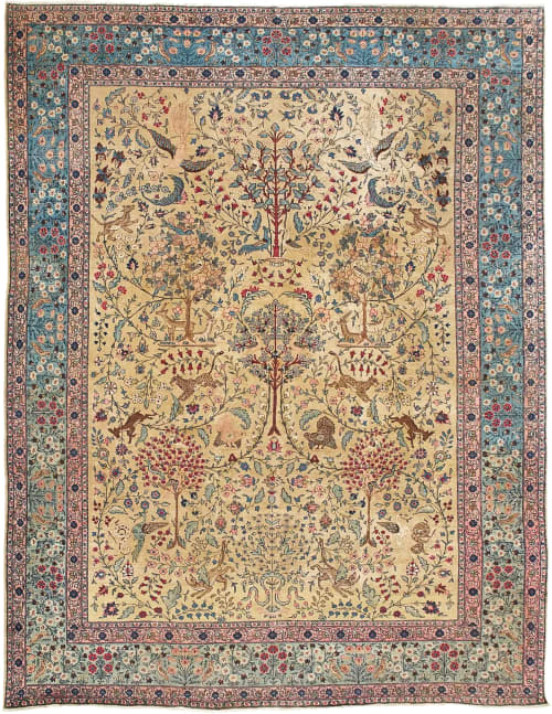 RARE PARADISE TABRIZ with Phoenix, Leopards, Fawn, & Rooster | Area Rug in Rugs by The Loom House. Item made of fabric & fiber