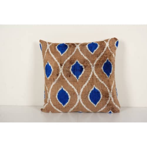 Ikat Velvet Pillow Cover, Square Taupe and Blue Silk Velvet | Sham in Linens & Bedding by Vintage Pillows Store. Item composed of fabric & fiber