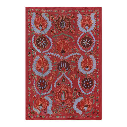 Silk Red Suzani Tapestry With Floral Design, Suzani Wall Han | Tablecloth in Linens & Bedding by Vintage Pillows Store