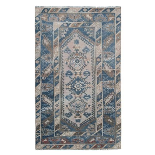 Distressed Turkish Oushak Blue Rug 3'7" X 5'11" | Area Rug in Rugs by Vintage Pillows Store. Item composed of cotton
