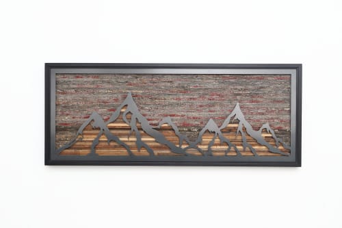 Fiery Sunset Mountainscape: metal & wood artwork | Wall Sculpture in Wall Hangings by Craig Forget. Item composed of wood & steel compatible with mid century modern and contemporary style