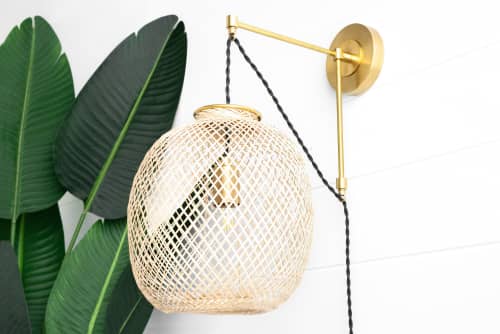 Bamboo Boho Basket Light - Fish Trap Lamp - Model No. 8524 | Sconces by Peared Creation. Item made of bamboo with brass