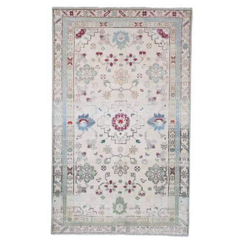 Distressed Handknotted Caucasian Rug 4'1" X 6'5" | Area Rug in Rugs by Vintage Pillows Store. Item made of cotton with fiber