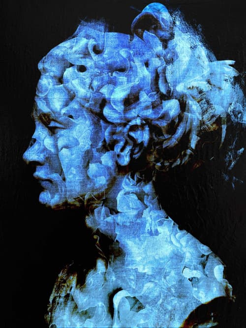Blooming Mind – Blue Abstract Female Portrait Painting | Mixed Media in Paintings by Dario Moschetta