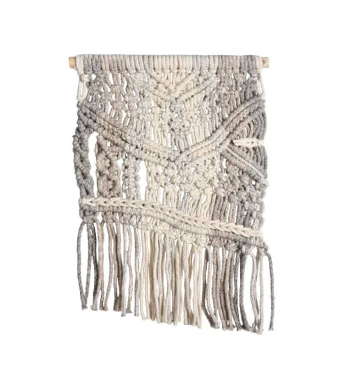 Ivory Grey Wool Macrame Wall Hanging: Hand Knitted Boho Tapestry Fiber Art | Wall Hangings by Swiflo
