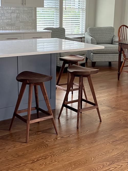 Mid Century Modern Swiveling Bar Stool: Wood Tractor Seat Counter Stool, USA Made | Chairs by Marco Bogazzi