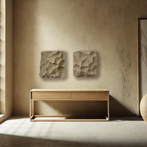 Sculptural Diptych Painting Set: Handmade Organic Textured Relief Wall Art, Rough Concrete 3D Sculpture | Wall Sculpture in Wall Hangings by Vaiva Art Atelier