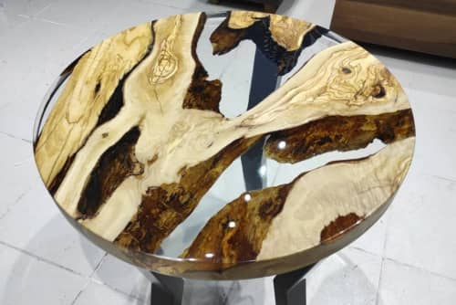 Custom 24" Diameter, Round Epoxy Coffee Table, Olive Wood | Dining Table in Tables by LuxuryEpoxyFurniture. Item composed of wood and synthetic