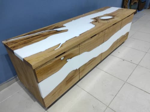 Chestnut Tree White Epoxy Resin Television unit | Media Console in Storage by LuxuryEpoxyFurniture. Item made of wood & synthetic