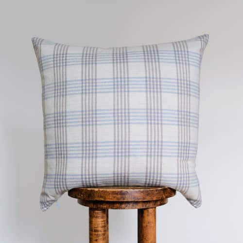 Grey and Blue Plaid Wool Pillow 20x20 | Pillows by Vantage Design