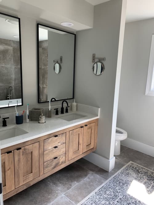 Model #1066 - Custom Floating Double Sink Vanity | Countertop in Furniture by Limitless Woodworking. Item made of maple wood compatible with mid century modern and contemporary style
