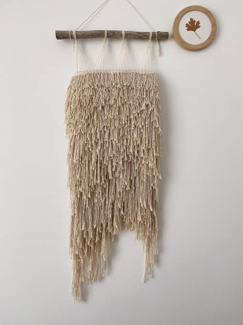 XXL hand woven in natural ivory cotton wall | Tapestry in Wall Hangings by Awesome Knots. Item made of wood & cotton compatible with boho and japandi style