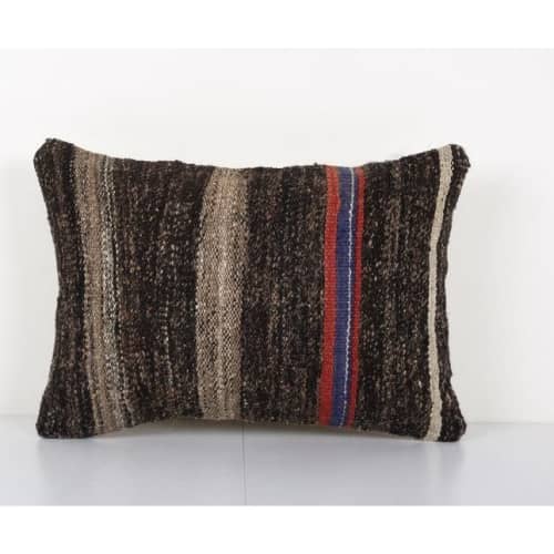 Vintage Mid Century Goat Hair Brown Kilim Pillow With Tradit | Cushion in Pillows by Vintage Pillows Store