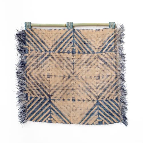 Raffia Wall Hanging - Shibori Diamond Pattern - Denim Blue | Tapestry in Wall Hangings by Tanana Madagascar. Item made of bamboo with fiber